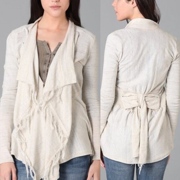 FREE PEOPLE FP Take a Bow Cardigan Oatmeal Cream Fringe Bow Detail Boho Sweater - Picture 1 of 16